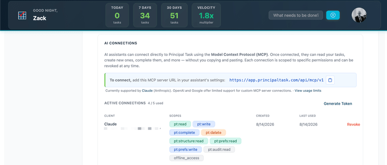 Profile → Integrations, one active connection and a few Activity Log entries visible, representative data