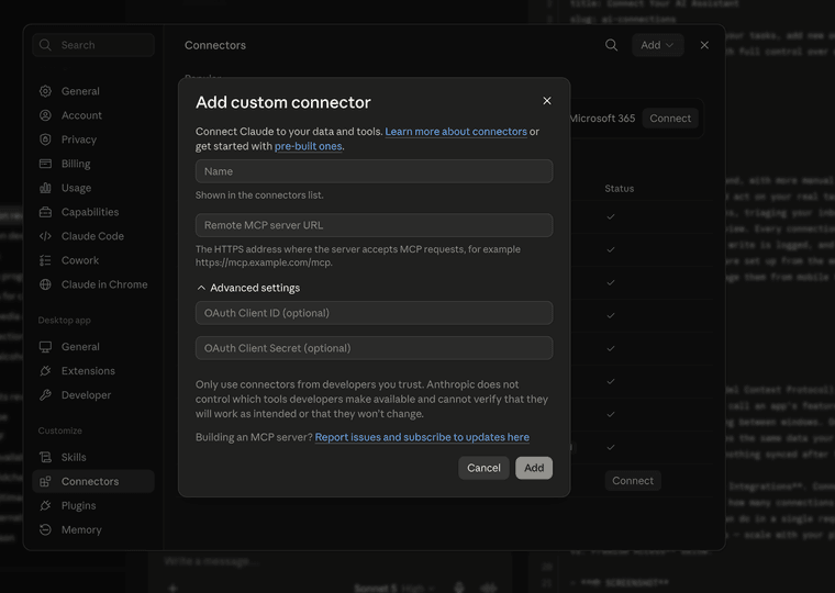 Claude, Settings → Connectors, Add custom connector dialog with the Principal Task server URL entered