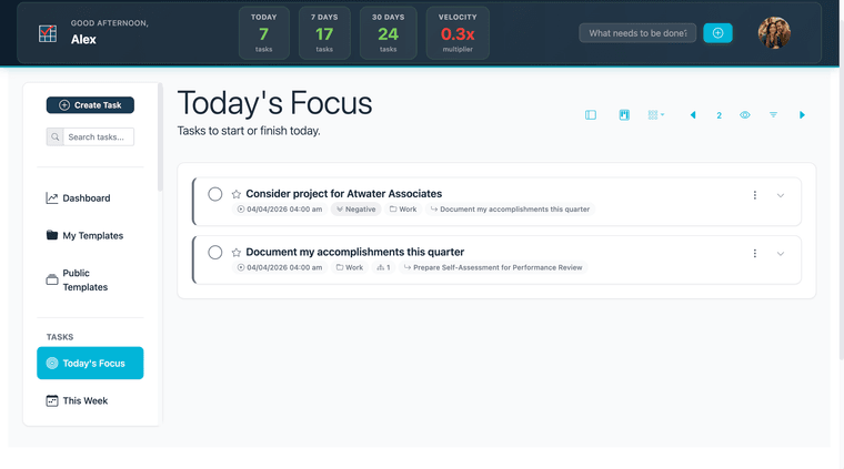 Home screen — tasks and stats visible, representative content