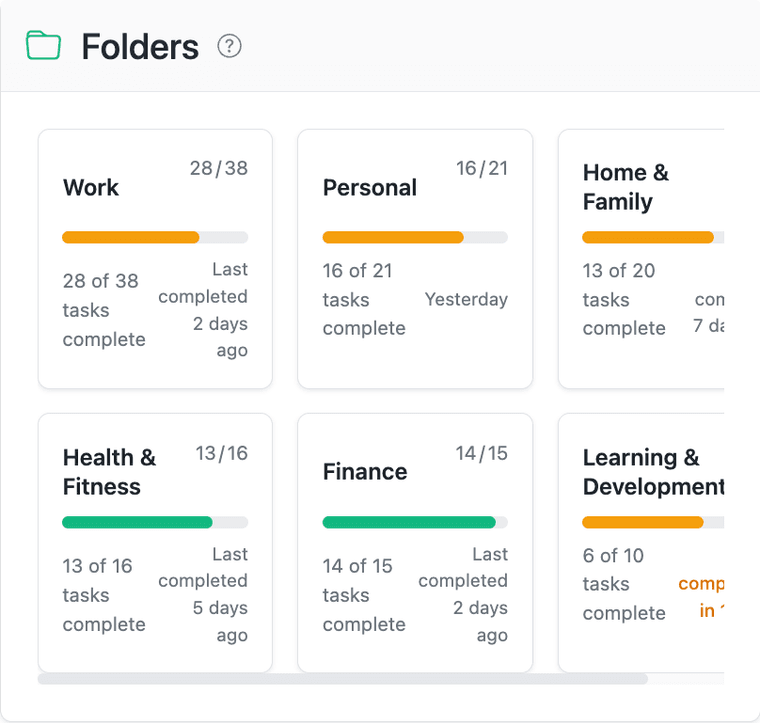 Folders panel, several cards visible — at least one with a low completion percentage and a recent finish, and one with a low percentage and an old